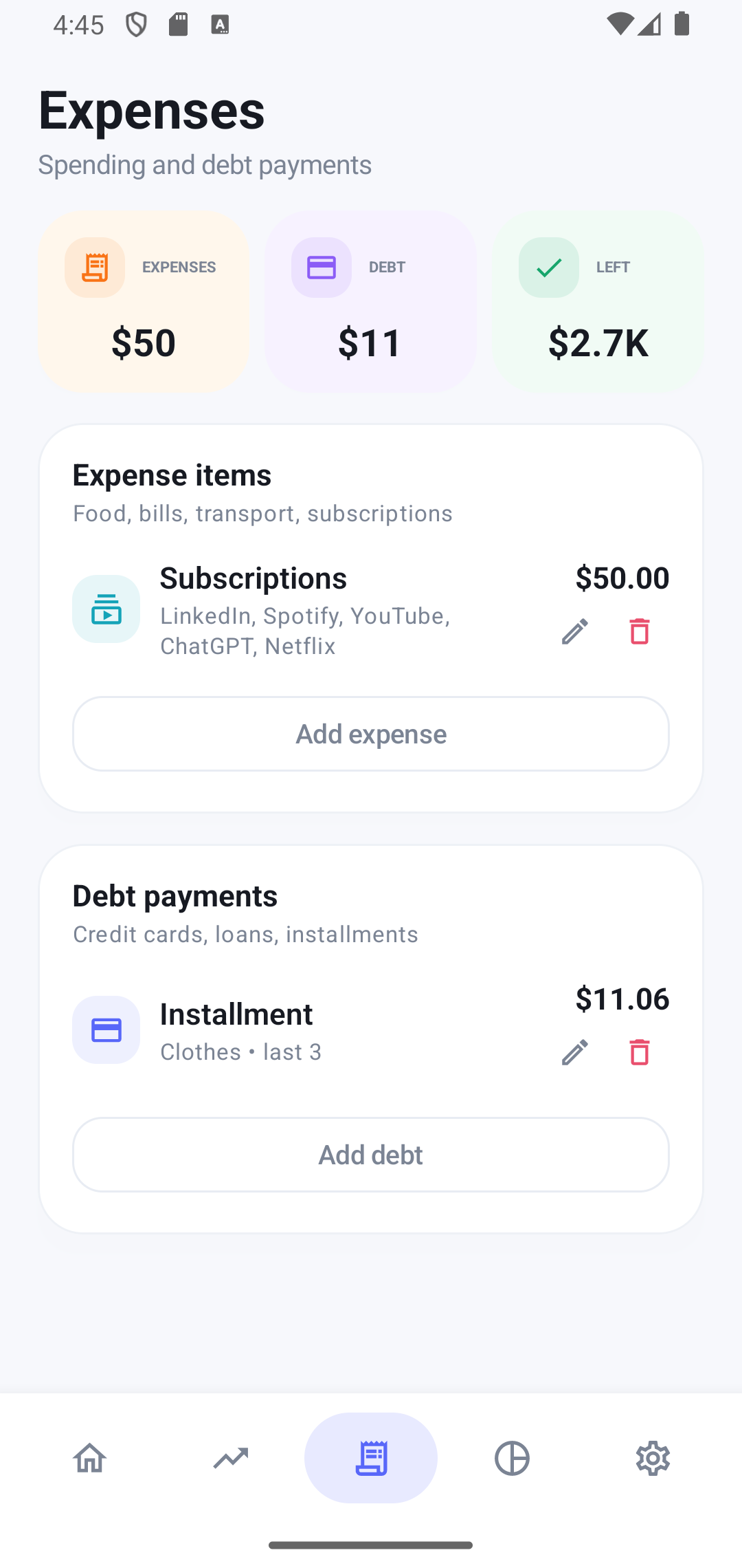 Monevia expenses screenshot
